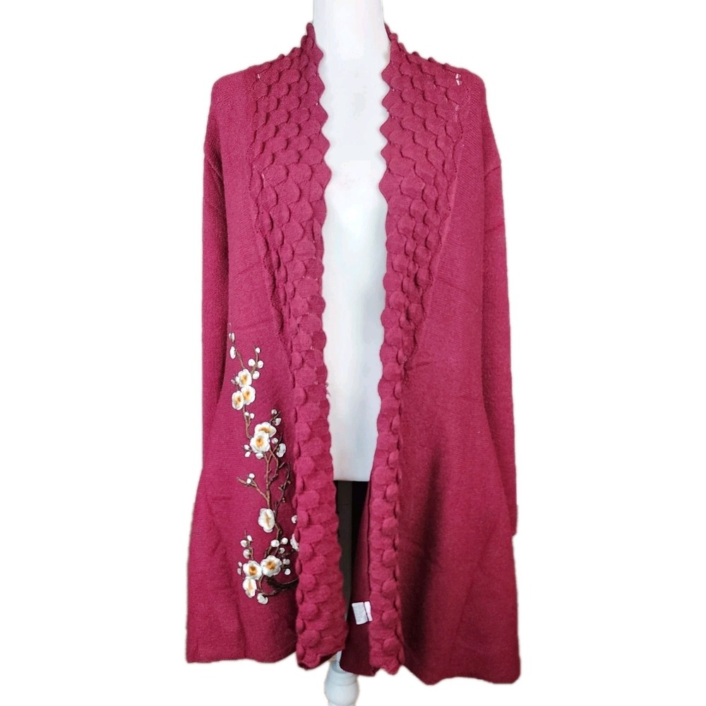 Simply Couture Open Front Cardigan Sweater Womens L XL Burgundy Embroidered Cozy
